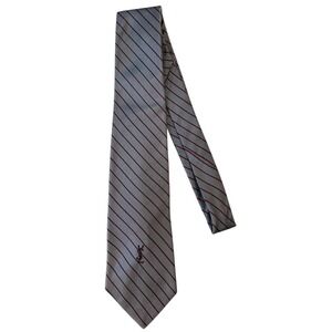 Yves Saint Laurent YSL Silk Tie Gray Red Striped Classic Logo Necktie